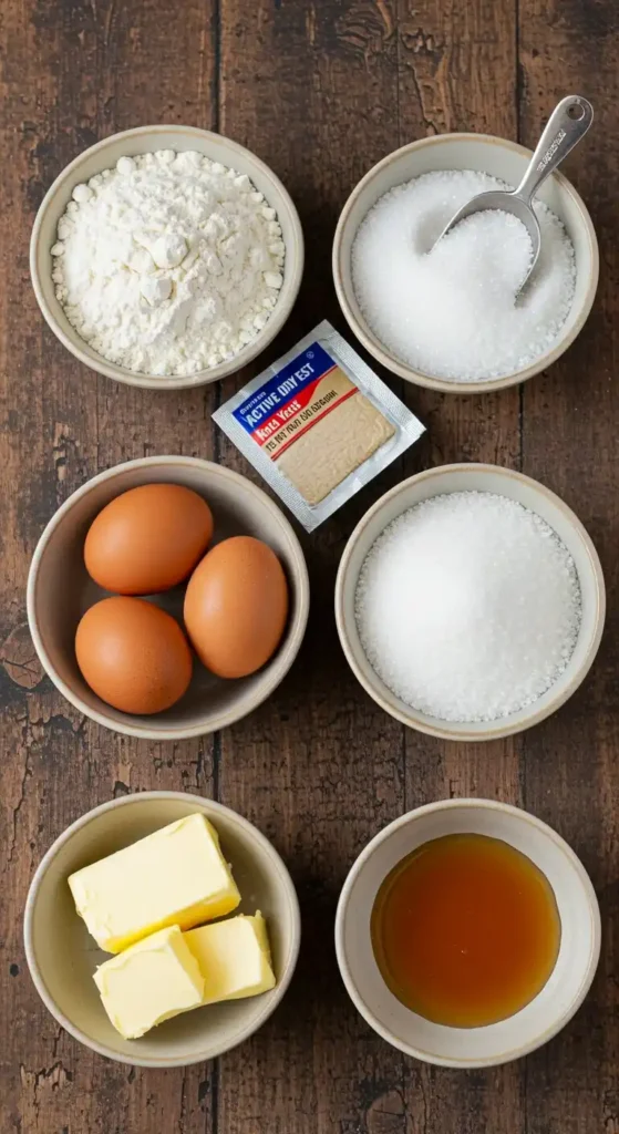 Vue de dessus d'ingrédients pour une recette de pâte, peut-être pour des pancakes Pandora, comprenant de la farine, du sucre blanc avec une cuillère de service, un sachet de levure sèche, trois œufs bruns, une autre portion de sucre blanc, du beurre en morceaux et du sirop d'érable, disposés sur une table en bois rustique.