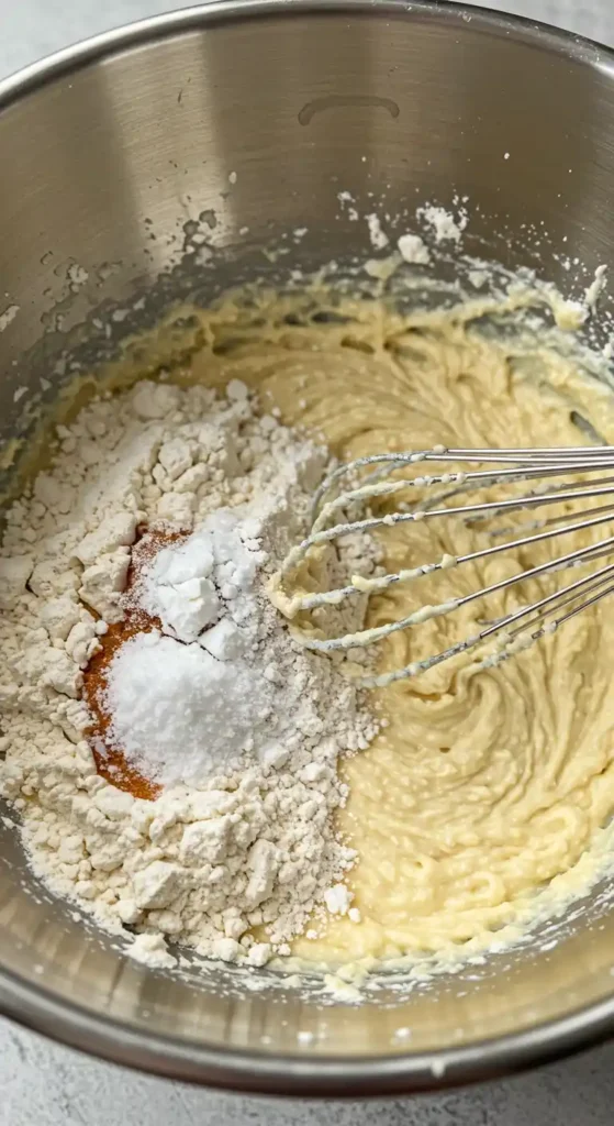 Bol avec farine tamisée, levure, bicarbonate et sel mélangés pour un gâteau aux pommes caramélisées.