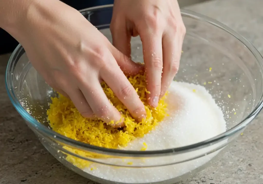 Mains frottant le zeste de citron et le sucre dans un bol pour libérer les arômes du Gâteau Citron Yaourt.