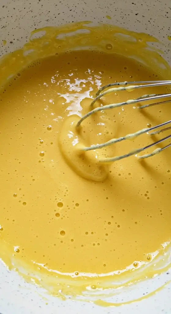 Bol avec beurre, sucre brun et vanille battus  pour un gâteau aux pommes caramélisées.