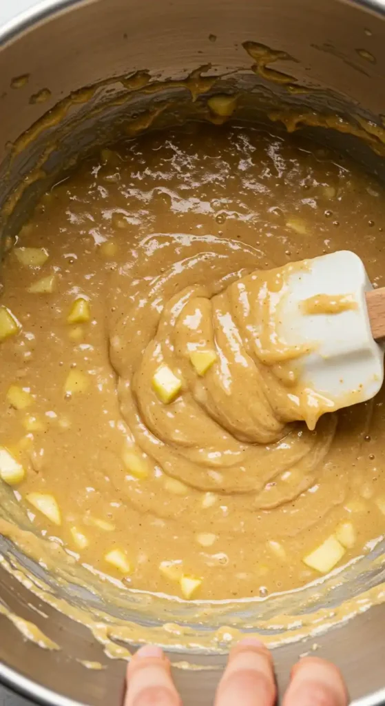 Pâte à gâteau aux pommes caramélisées mélangée avec des morceaux de pommes, dans un bol en métal avec une spatule blanche."