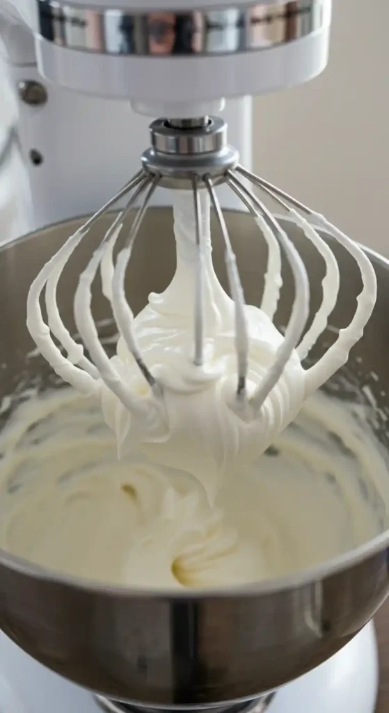 Blancs d'œufs battus en pics fermes à l'aide d'un batteur électrique, une étape essentielle pour la texture moelleuse du gâteau nuage sans farine