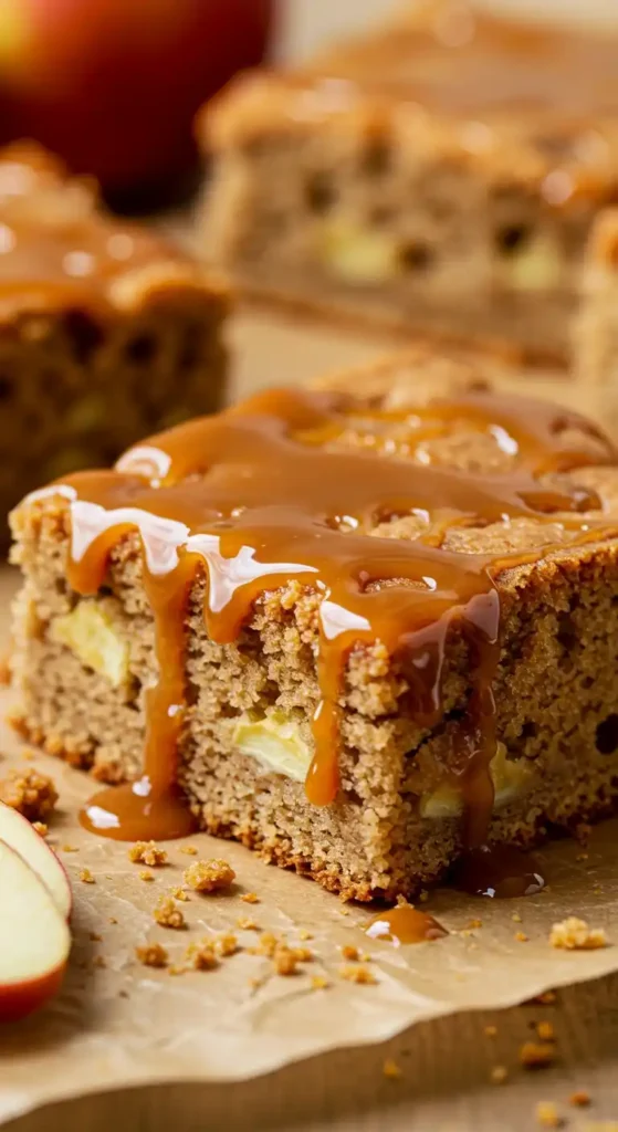 Gros plan d'une part de gâteau aux pommes caramélisées, nappée de sauce caramel dégoulinante, posée sur du papier sulfurisé. Des morceaux de gâteau et une tranche de pomme sont visibles au premier plan.