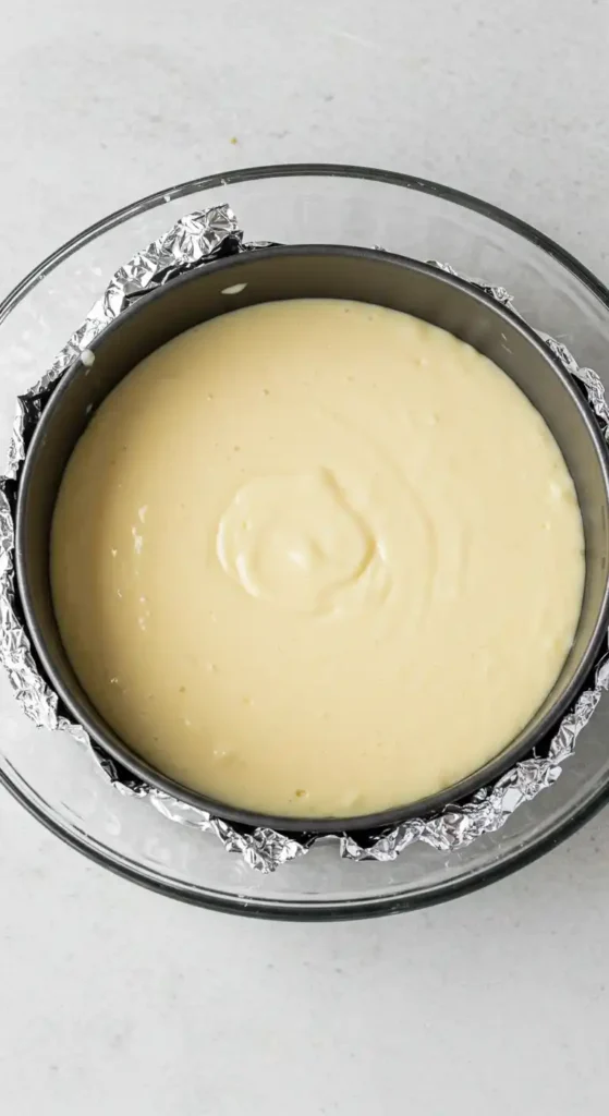 Pâte à gâteau lisse dans un moule à charnière, placé au bain-marie dans un grand plat rempli d'eau.