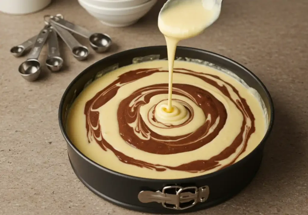 Pâte à gâteau marbré versée en spirale dans un moule à gâteau rond, alternant les couches de vanille et de chocolat. Des cuillères à mesurer en métal et des bols blancs sont posés sur le plan de travail en arrière-plan.