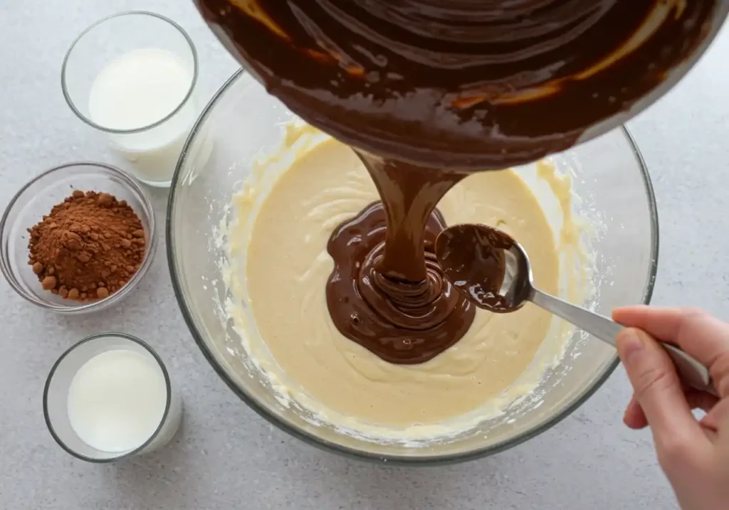 Chocolat fondu versé dans une pâte à gâteau marbré dans un grand bol en verre, une main tenant une cuillère pour mélanger