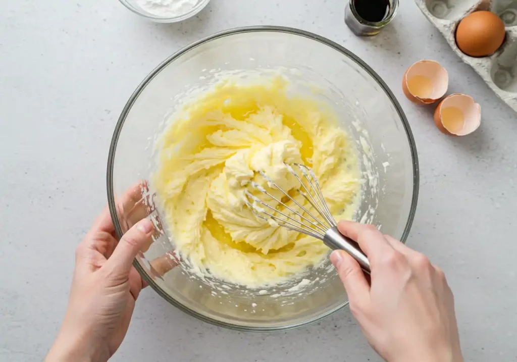 Vue aérienne d'un bol avec beurre, huile et sucre en train d'être fouettés pour un gâteau marbré. Une main utilise un fouet pour obtenir une texture légère et aérée, avec des ingrédients comme des œufs et de l'extrait de vanille en arrière-plan.