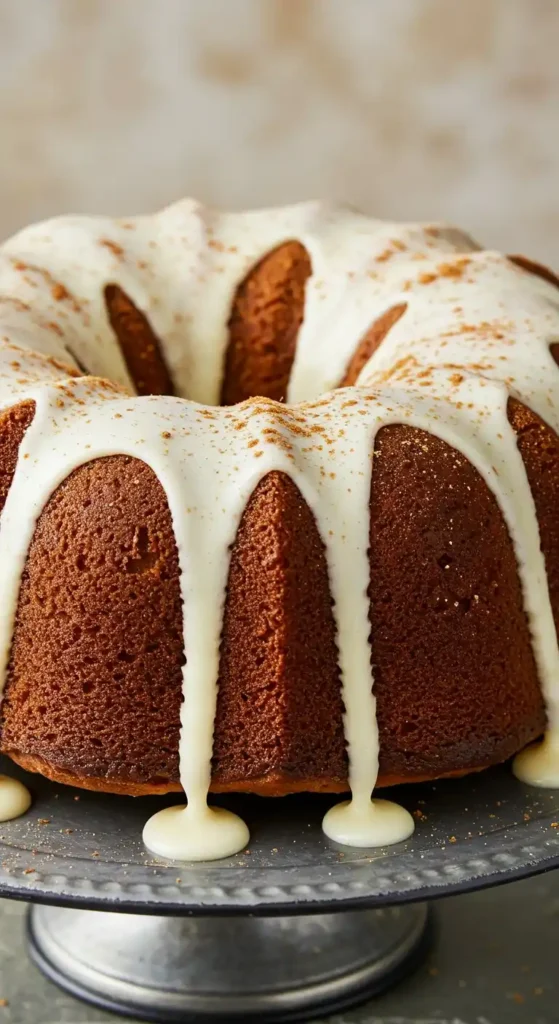  Gâteau pomme banane nappé de glaçage crémeux, saupoudré d'épices.