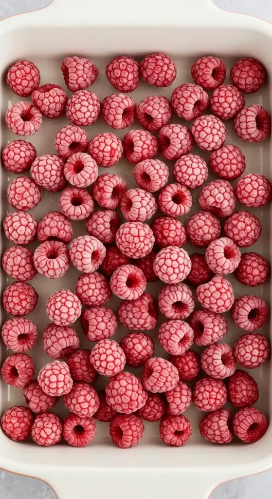 Vue rapprochée de framboises fraîches, légèrement givrées, tapissant le fond d'un plat de cuisson, prêtes à être utilisées pour un délicieux Clafoutis Aux Framboises.