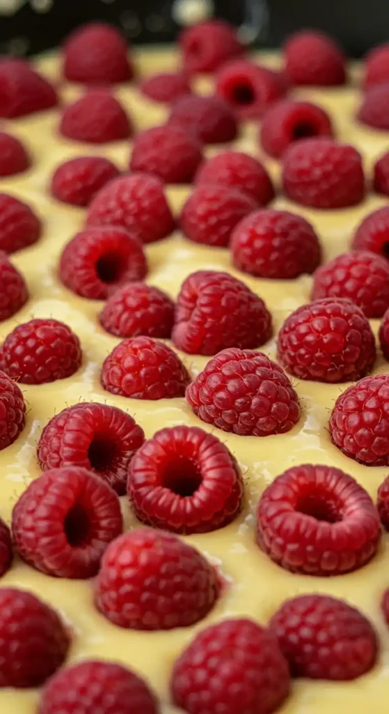 Gros plan appétissant de framboises fraîches et juteuses délicatement disposées sur une pâte crémeuse, avant la cuisson d'un authentique Clafoutis Aux Framboises.