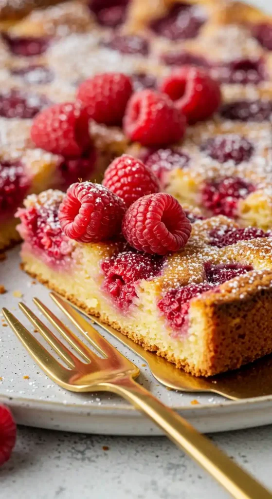 Une tranche alléchante de Clafoutis Aux Framboises, saupoudrée de sucre glace et garnie de framboises fraîches, présentée avec une fourchette dorée, mettant en valeur la texture moelleuse et le goût fruité de ce dessert classique.