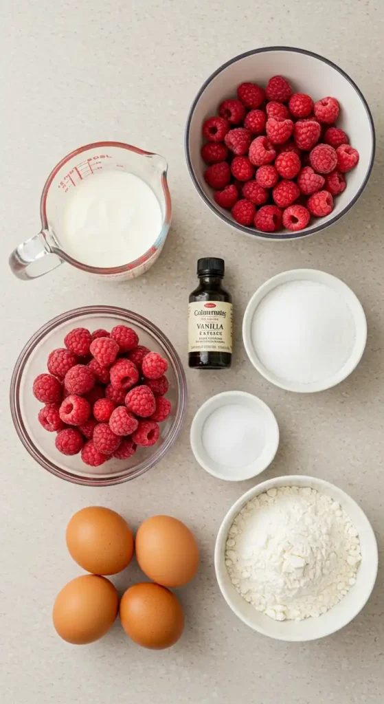 Une vue de dessus d'ingrédients disposés pour préparer un Clafoutis Aux Framboises, incluant des framboises fraîches dans deux bols, de la crème dans un pichet gradué, de l'extrait de vanille, du sucre, du sel, des œufs et de la farine.