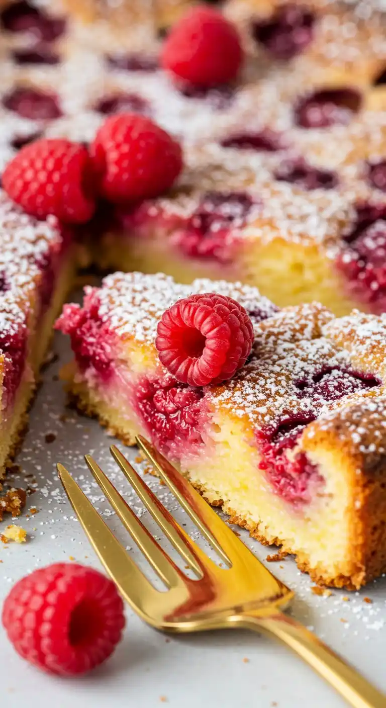 Dégustez une part de Clafoutis Aux Framboises, un dessert français rustique, où les framboises fraîches se marient harmonieusement à une pâte crémeuse, le tout subtilement saupoudré de sucre glace, invitant à une pause gourmande avec une fourchette dorée à portée de main.