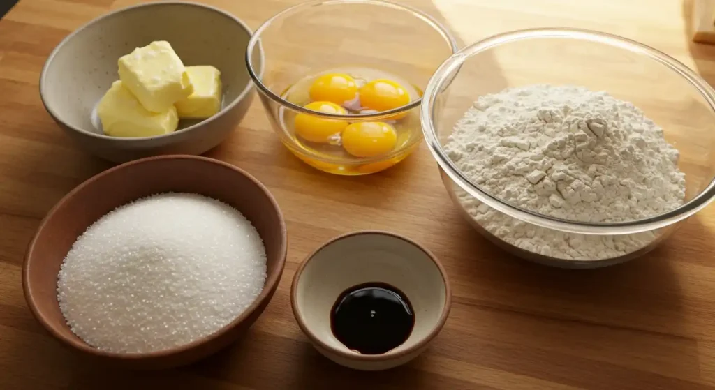 Ingrédients pour la préparation d'un Gâteau Breton : beurre en morceaux, œufs frais, farine, sucre blanc et extrait de vanille, disposés dans des bols sur une table en bois.