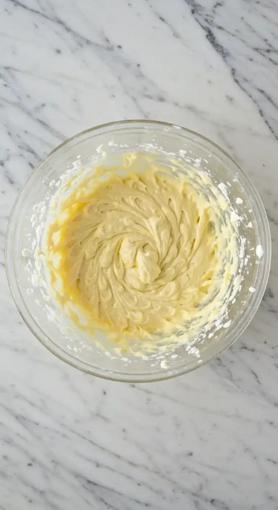 Pâte crémeuse pour un Gâteau Breton en préparation, mélangée dans un saladier en verre, prête à être cuite.