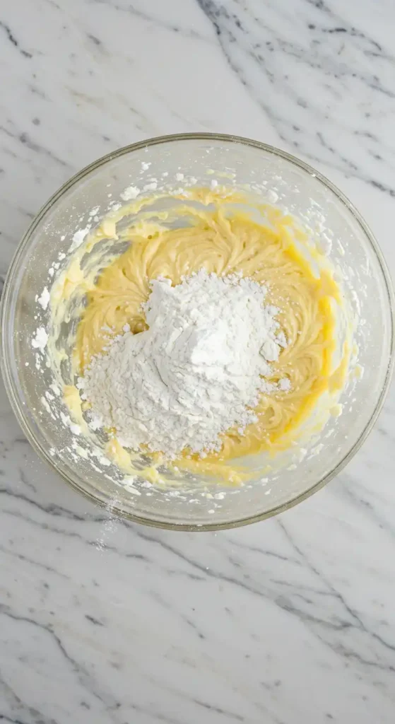 Préparation d'un Gâteau Breton : ajout de farine à une pâte crémeuse dans un saladier, étape cruciale pour la texture parfaite.