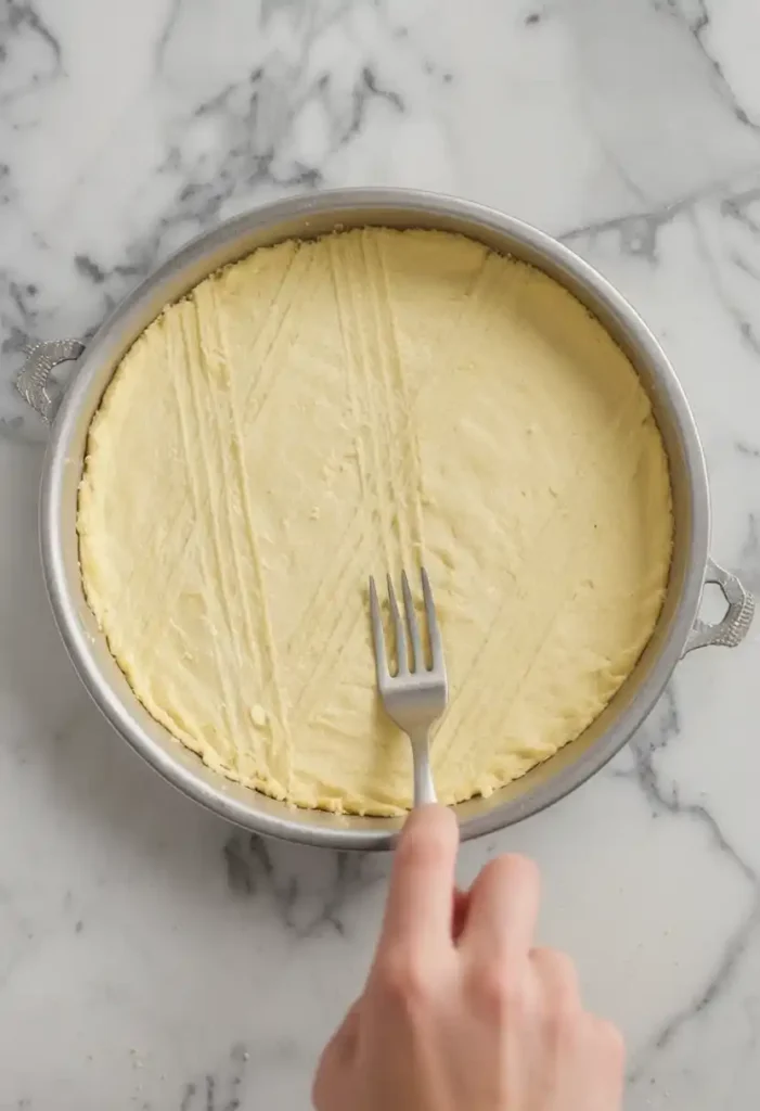 Gâteau Breton en préparation : décoration traditionnelle de la pâte à l'aide d'une fourchette avant la cuisson, dans un moule en métal