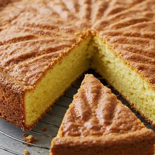 Un délicieux Gâteau Breton fraîchement sorti du four, présenté avec une part coupée, révélant sa texture moelleuse et sa croûte dorée, sur une grille de refroidissement.