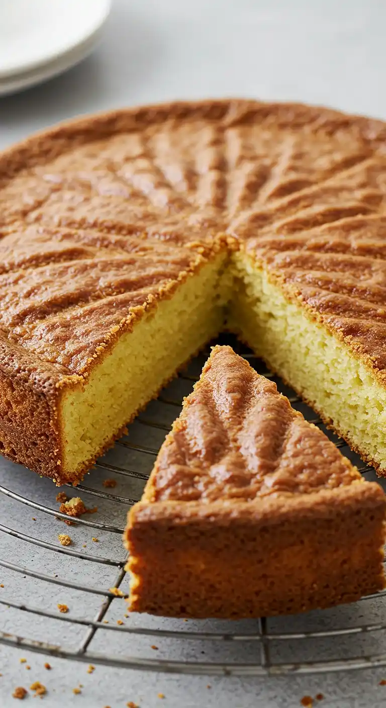 Un délicieux Gâteau Breton fraîchement sorti du four, présenté avec une part coupée, révélant sa texture moelleuse et sa croûte dorée, sur une grille de refroidissement.