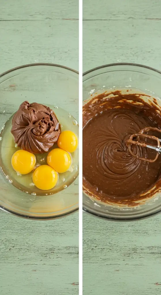 Préparation du Gâteau Nutella : le Nutella et les œufs sont ajoutés dans un bol, puis mélangés ensemble.