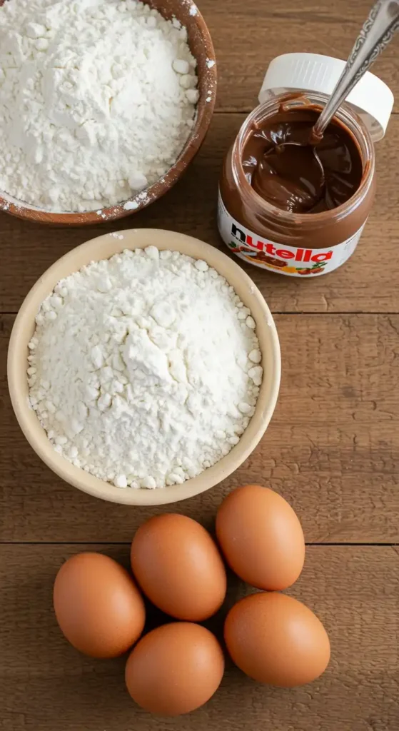 Ingrédients pour préparer un Gâteau Nutella : farine, œufs et un pot de Nutella.