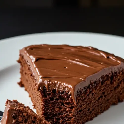 Une part de Gâteau Nutella, nappée d'une crème chocolatée brillante, présentée sur une assiette blanche.