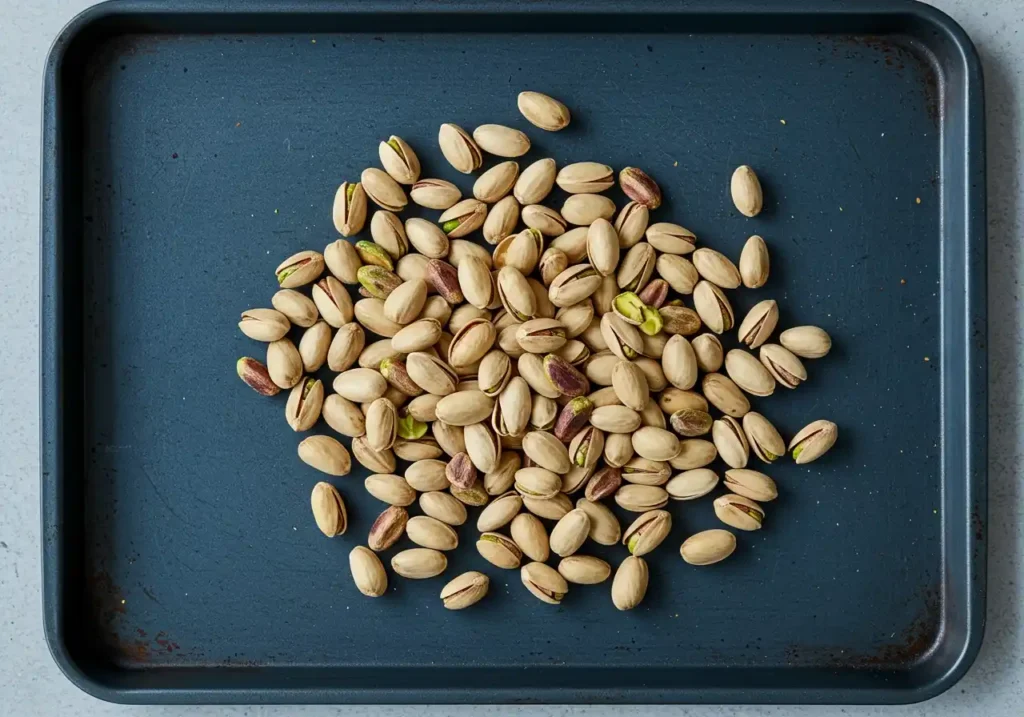 Pistaches en coque disposées sur une plaque de cuisson, prêtes à être utilisées pour un Gâteau Pistache.