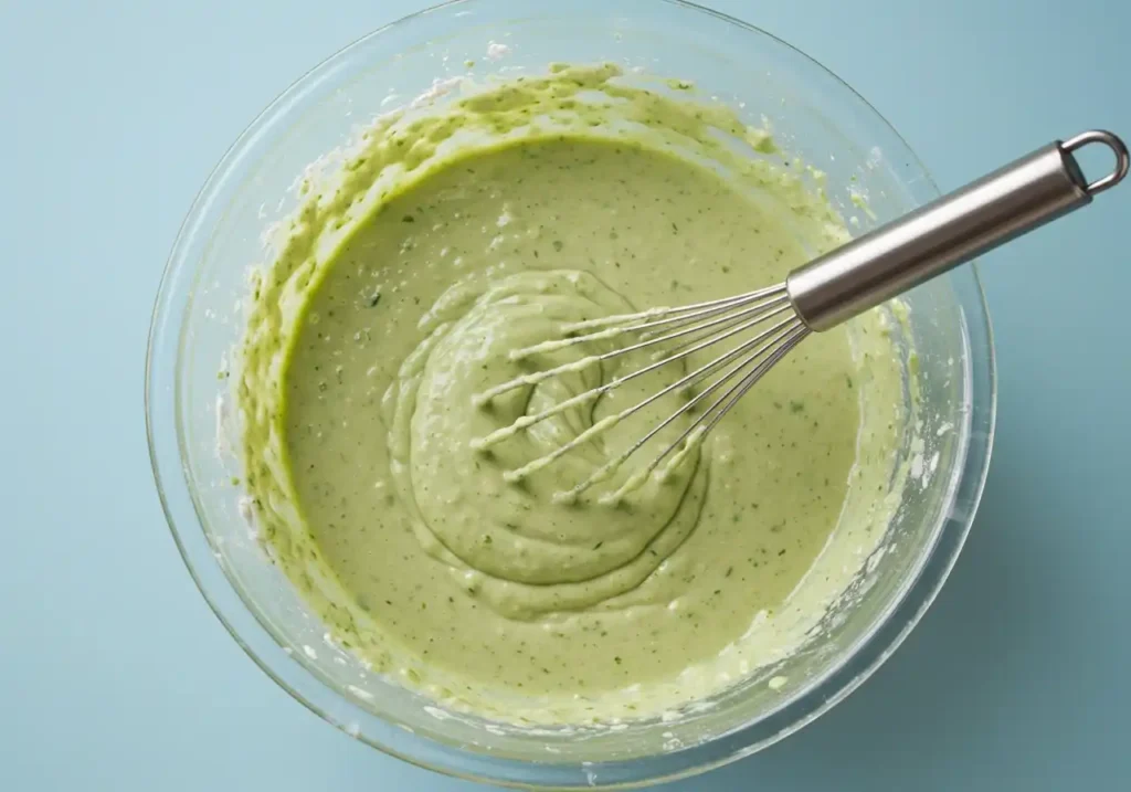 Préparation de la pâte verte dans un bol, un mélange homogène pour un Gâteau Pistache moelleux.