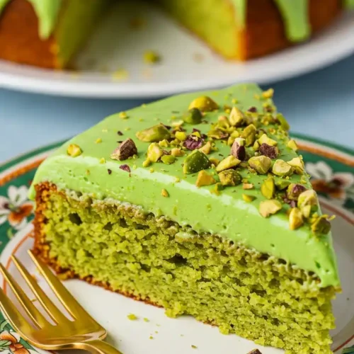 Une part de Gâteau Pistache avec glaçage vert et pistaches concassées, sur une assiette décorée.