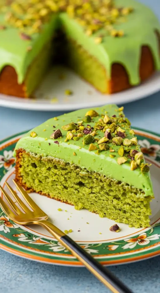  Une part de Gâteau Pistache avec glaçage vert et pistaches concassées, sur une assiette décorée.