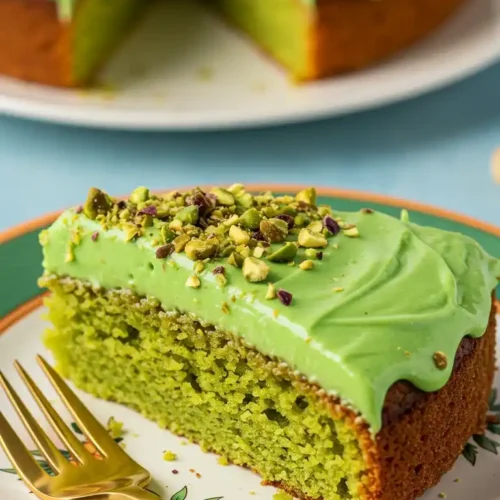 Délicieuse portion de Gâteau Pistache, avec un glaçage crémeux et parsemée de pistaches, prête à être savourée.