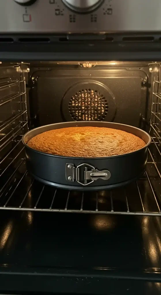 Un Gâteau Vanille Yaourt, doré et cuit à la perfection, est visible à l'intérieur d'un four domestique. Il est placé dans un moule à charnière