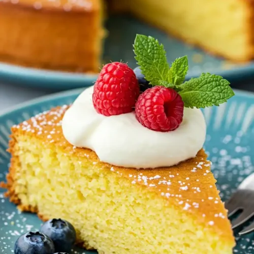 Un appétissant Gâteau Vanille Yaourt, décoré de crème fouettée, de framboises fraîches et de myrtilles, est présenté sur une assiette bleue, saupoudré de sucre glace et agrémenté d'une feuille de menthe. Une part a été coupée, révélant une texture moelleuse.