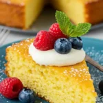 Présentation d'une part de Gâteau Vanille Yaourt moelleux, garnie de crème fouettée, de framboises juteuses et de myrtilles fraîches, saupoudrée de sucre glace sur une assiette bleu pastel. Le reste du gâteau, avec une part manquante, est visible en arrière-plan, décoré de la même manière.