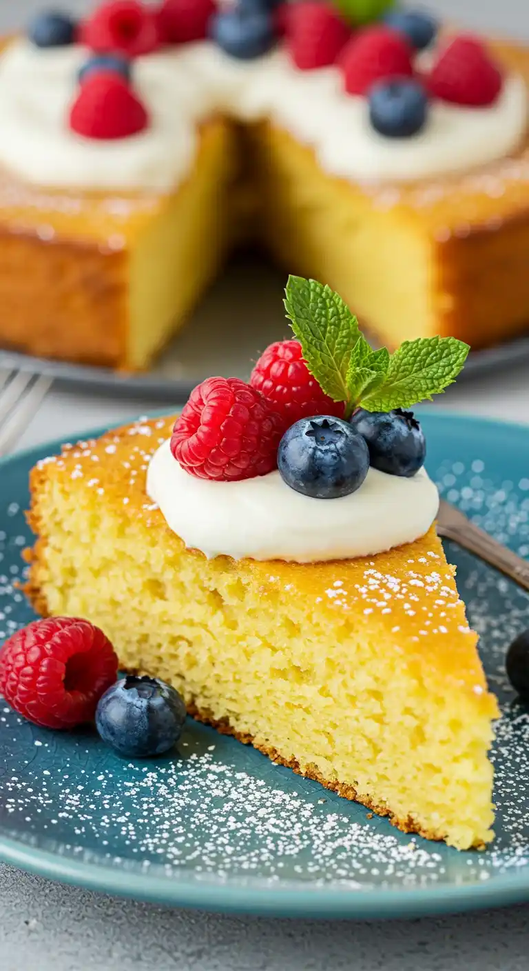 Présentation d'une part de Gâteau Vanille Yaourt moelleux, garnie de crème fouettée, de framboises juteuses et de myrtilles fraîches, saupoudrée de sucre glace sur une assiette bleu pastel. Le reste du gâteau, avec une part manquante, est visible en arrière-plan, décoré de la même manière.