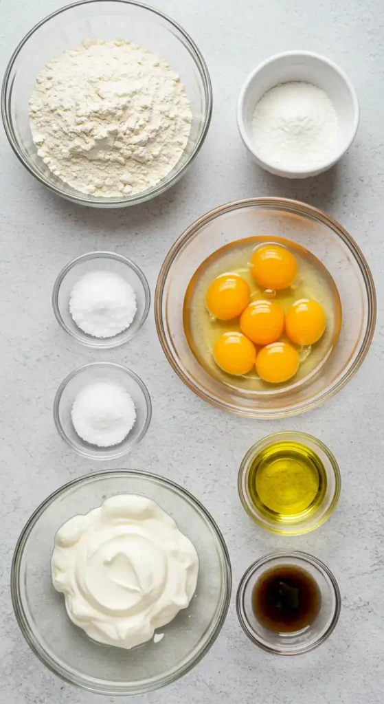 Vue de dessus d'ingrédients disposés pour préparer un Gâteau Vanille Yaourt : farine, sucre glace, deux bols de sel, six jaunes d'œufs, yaourt, huile et extrait de vanille, présentés dans des bols en verre sur une surface claire