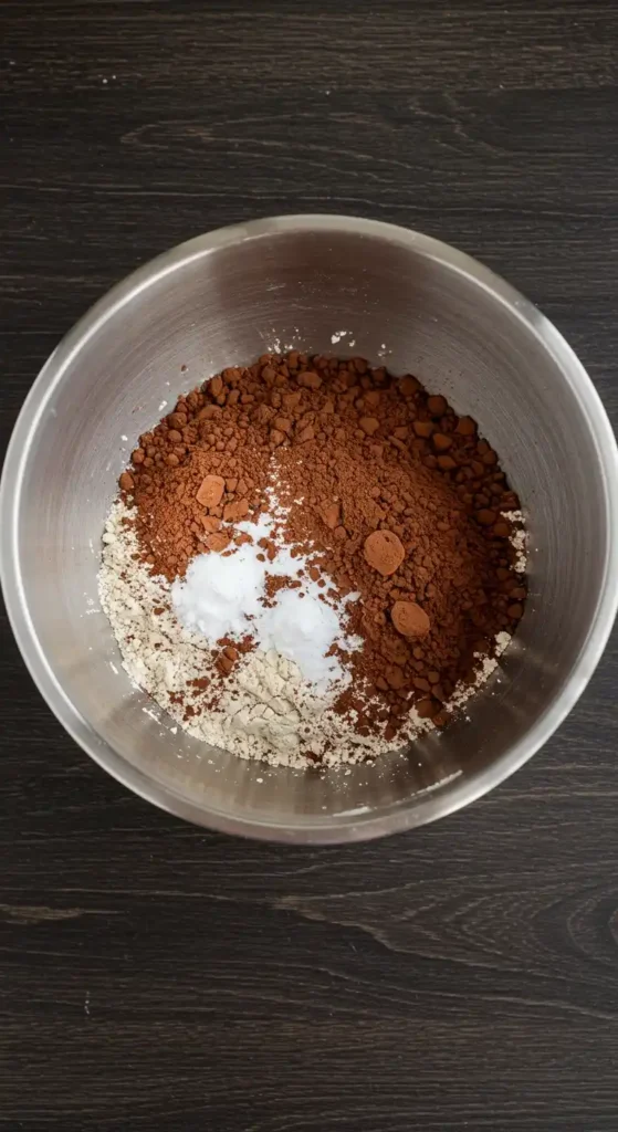 Un bol en métal, vu d'en haut, contient les ingrédients secs pour préparer un gâteau, probablement un Gâteau Yaourt Cacao. On y distingue de la farine claire, de la poudre de cacao foncée et une petite quantité de poudre blanche, peut-être de la levure chimique ou du bicarbonate de soude. Le bol est posé sur une surface en bois sombre.