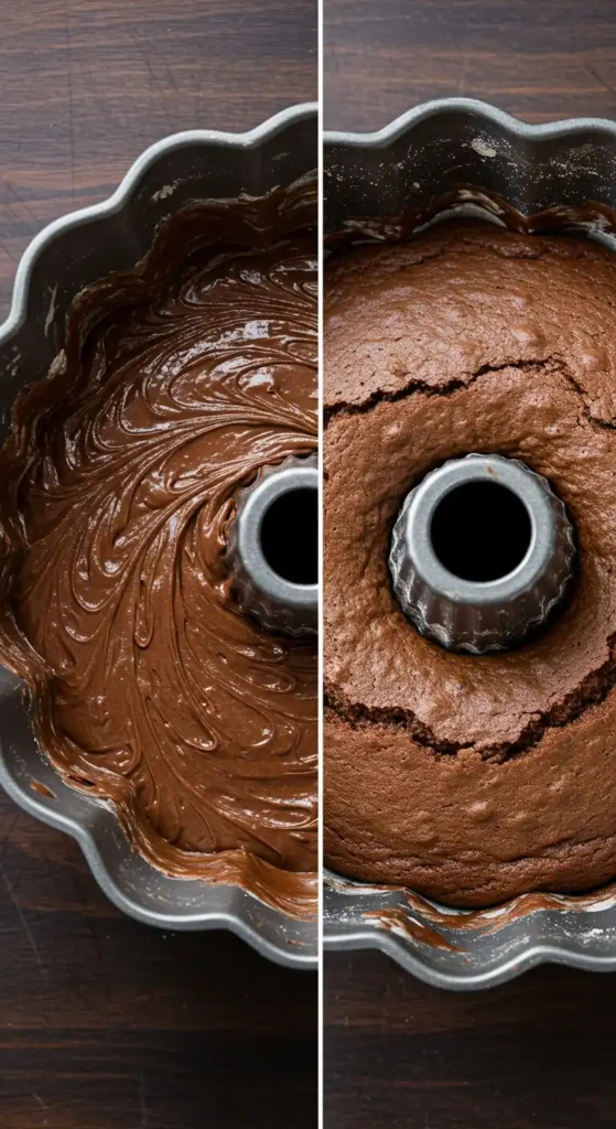 Image divisée en deux montrant la progression d'un Gâteau Yaourt Cacao : à gauche, la pâte chocolatée crue est soigneusement versée dans un moule à manqué en métal, et à droite, le même gâteau est présenté une fois cuit, avec une belle croûte craquelée.