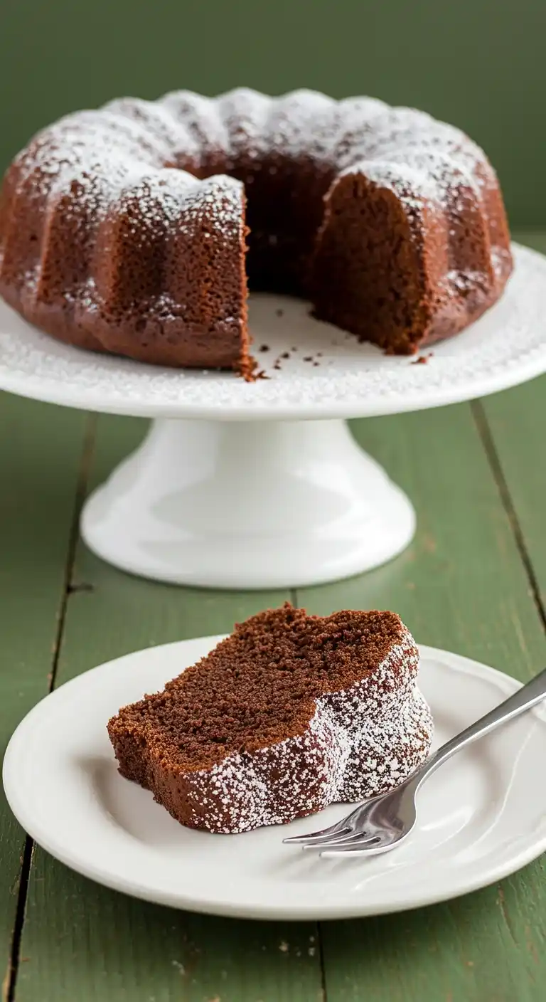 Sur une table verte rustique, on aperçoit un délicieux Gâteau Yaourt Cacao, saupoudré de sucre glace. Une part est présentée sur une assiette blanche avec une fourchette, tandis que le reste du gâteau est élégamment posé sur un présentoir à gâteau en arrière-plan.