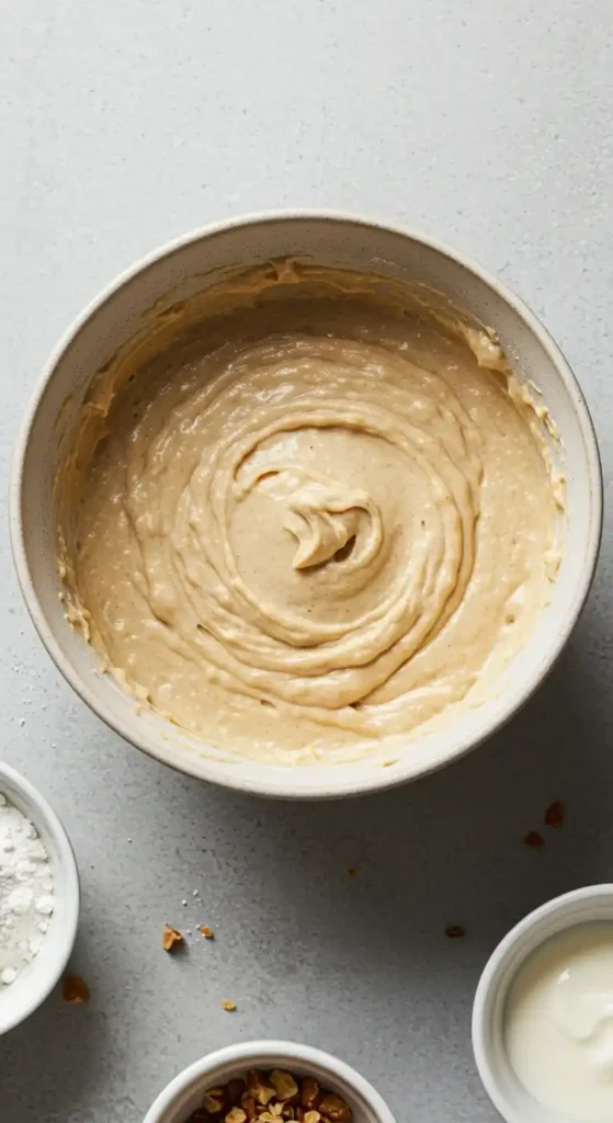  Pâte à gâteau aux noix dans un saladier, prête à être cuite, avec des ingrédients à proximité.