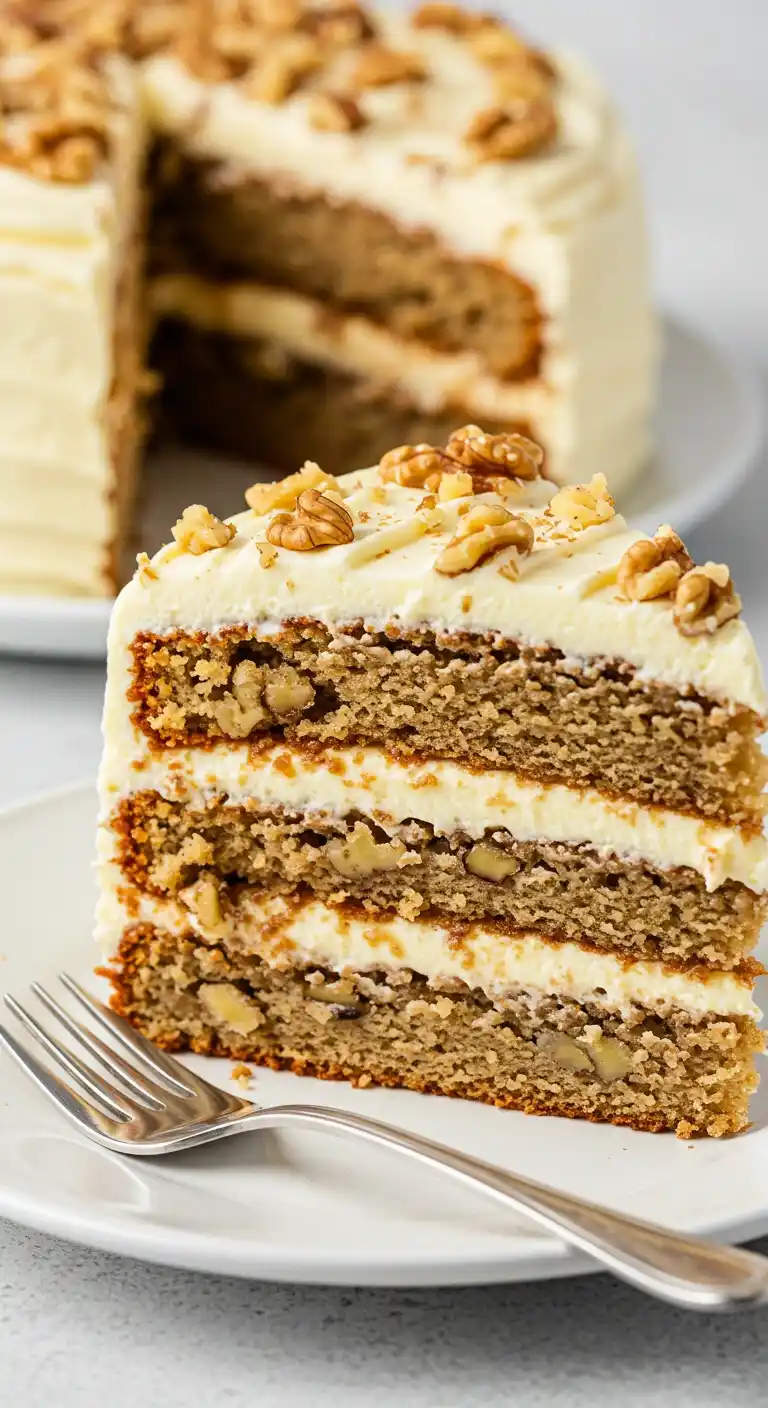 Une part appétissante de gâteau aux noix à plusieurs étages avec de la crème au beurre et des noix. Un gâteau entier est visible en arrière-plan.