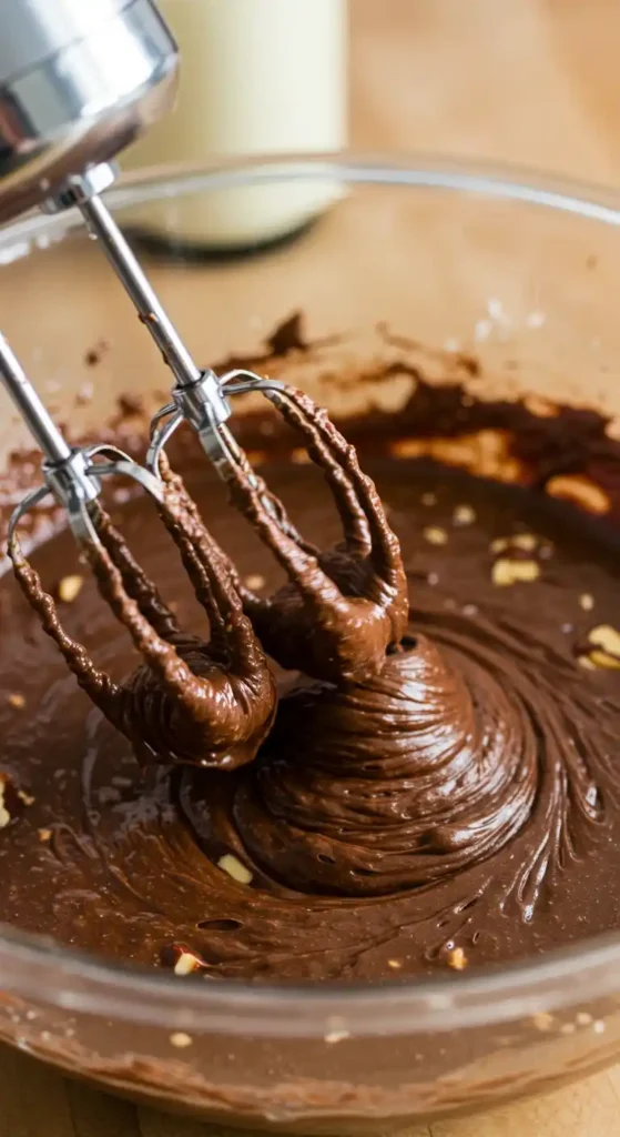  Préparation de la pâte d'un gâteau aux pommes et au chocolat. Un batteur électrique mélange une pâte épaisse et chocolatée dans un bol en verre. Des morceaux de pommes sont visibles dans la pâte.