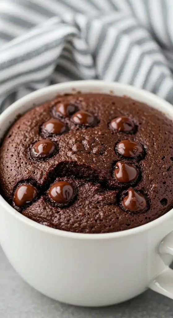 Gâteau dans une tasse au chocolat, fraîchement cuit et garni de pépites de chocolat fondantes, présenté dans une tasse blanche avec un torchon à rayures en arrière-plan.