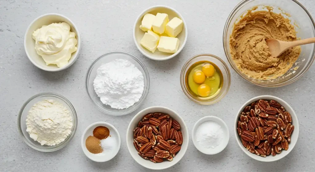 Ingrédients pour une Recette Gâteau Carotte : beurre, oeufs, farine, noix de pécan et autres ingrédients disposés sur un plan de travail.