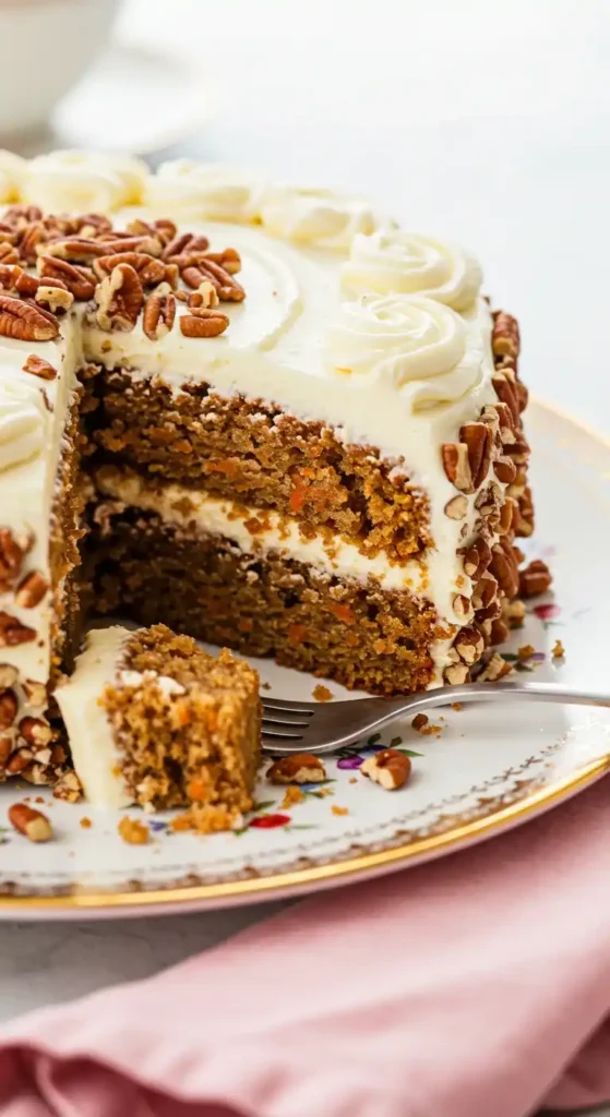 Recette Gâteau Carotte : Magnifique gâteau aux carottes, décoré de glaçage crémeux et de noix de pécan, prêt à être dégusté