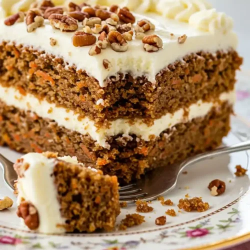 Recette Gâteau Carotte : Vue détaillée d'un gâteau aux carottes en couches, avec glaçage crémeux, noix de pécan et une part coupée montrant sa texture moelleuse