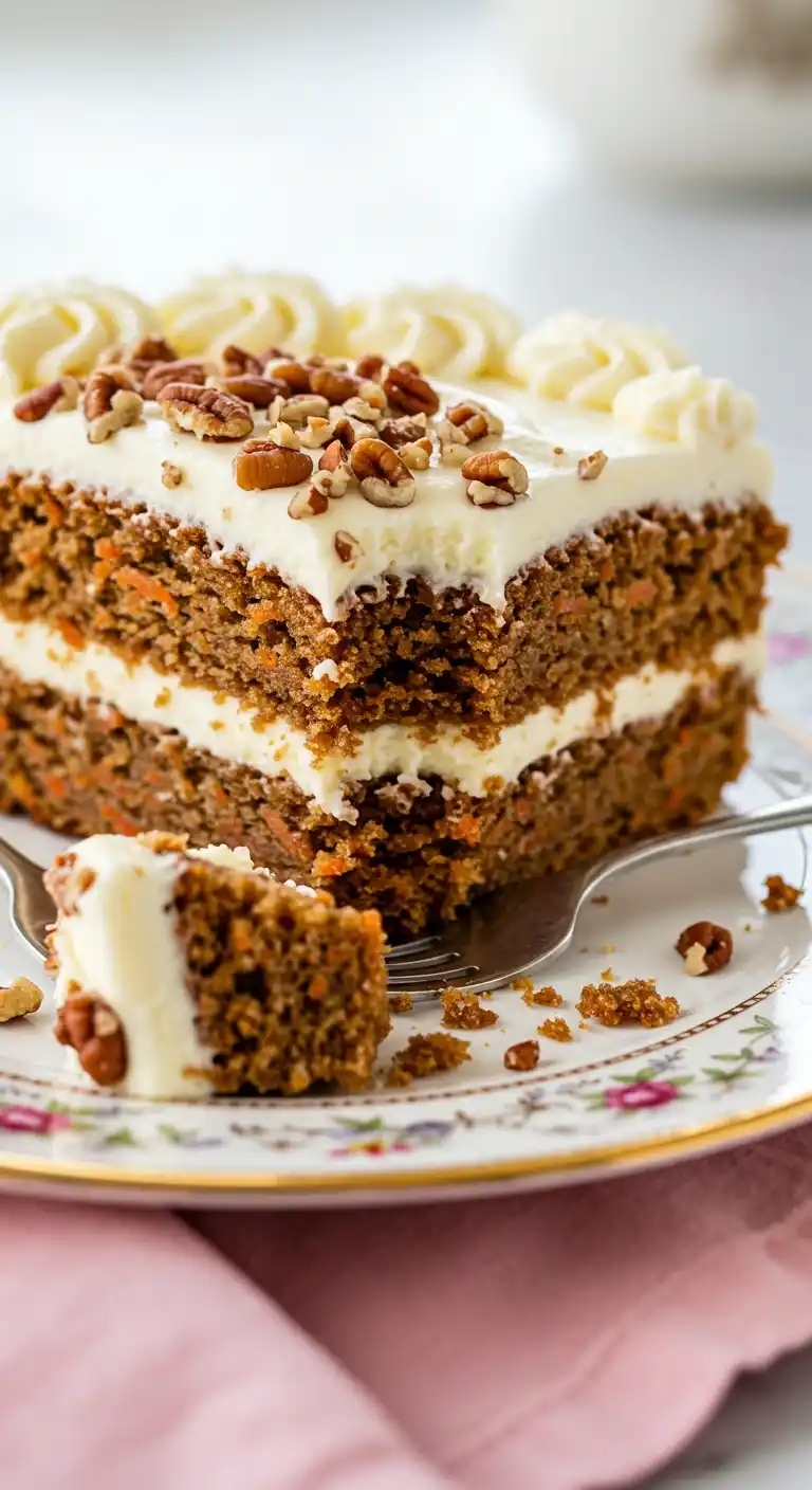 Recette Gâteau Carotte : Vue détaillée d'un gâteau aux carottes en couches, avec glaçage crémeux, noix de pécan et une part coupée montrant sa texture moelleuse