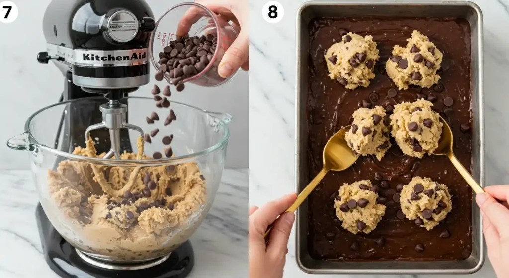 Suite de la brookie recette : 7) Incorporation de pépites de chocolat à la pâte à cookies avec le robot pâtissier. 8) Déposer des boules de pâte à cookies sur la pâte à brownie étalée.