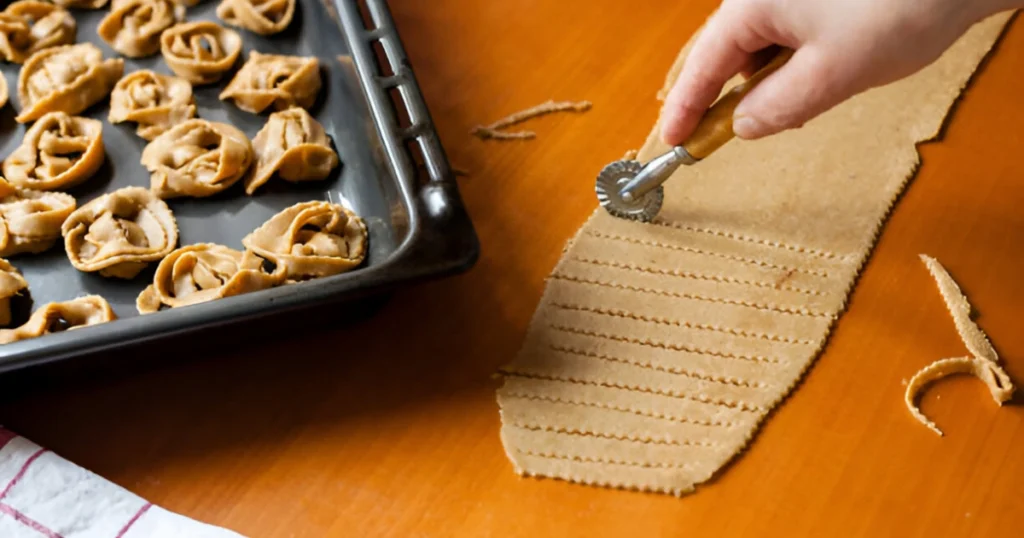 Sur une table en bois orangé, une personne découpe des bandes parallèles dans une pâte à l'aide d'une roulette dentelée, une étape clé dans la préparation de la chebakia. À gauche, une plaque de cuisson présente des chebakias déjà façonnées, prêtes à être frites et trempées dans du miel. Un torchon à carreaux rouges et blancs apporte une touche de couleur à la scène.