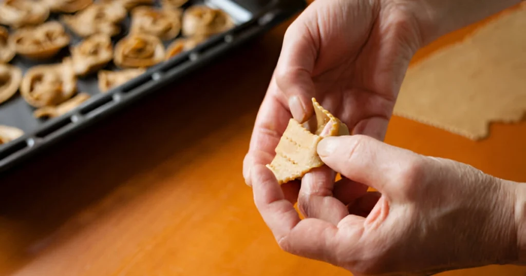 Concentration sur les mains expertes façonnant la pâte découpée pour créer la forme caractéristique de la chebakia. À gauche, une plaque de cuisson présente une collection de chebakias en attente, illustrant la progression de la préparation de cette pâtisserie marocaine. La surface orangée met en valeur la couleur de la pâte et la dextérité impliquée dans ce processus artisanal.